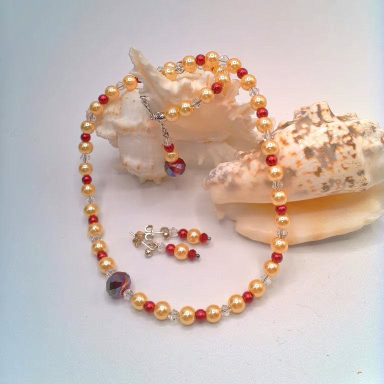 Perfectly Imperfect, Champagne & Red Pearls & Crystal Bicone Necklace & Earrings