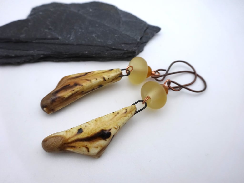 copper earrings, brown lampwork glass and ceramic jewellery