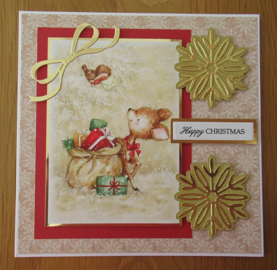 8x8" Cute Reindeer With Sack of Presents - Christmas Card