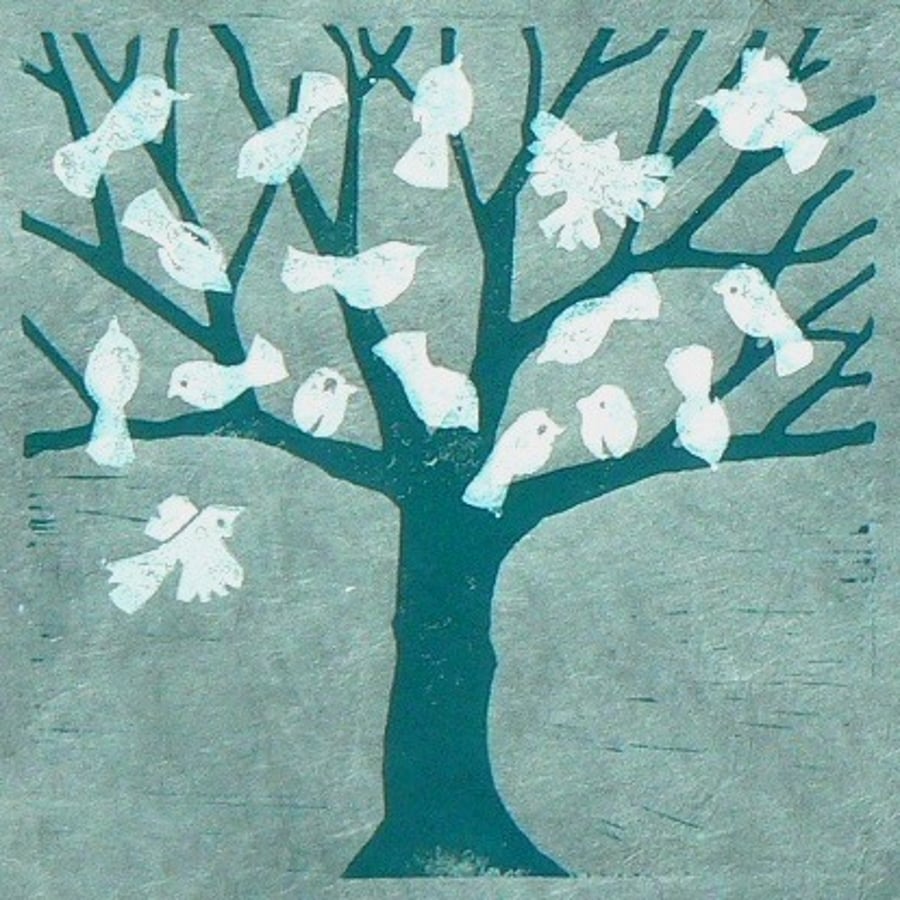 Bird Tree Lino Cut Print