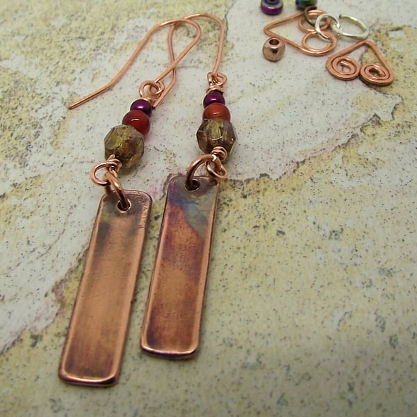 Copper dangle earrings red gold glass gemstone handmade