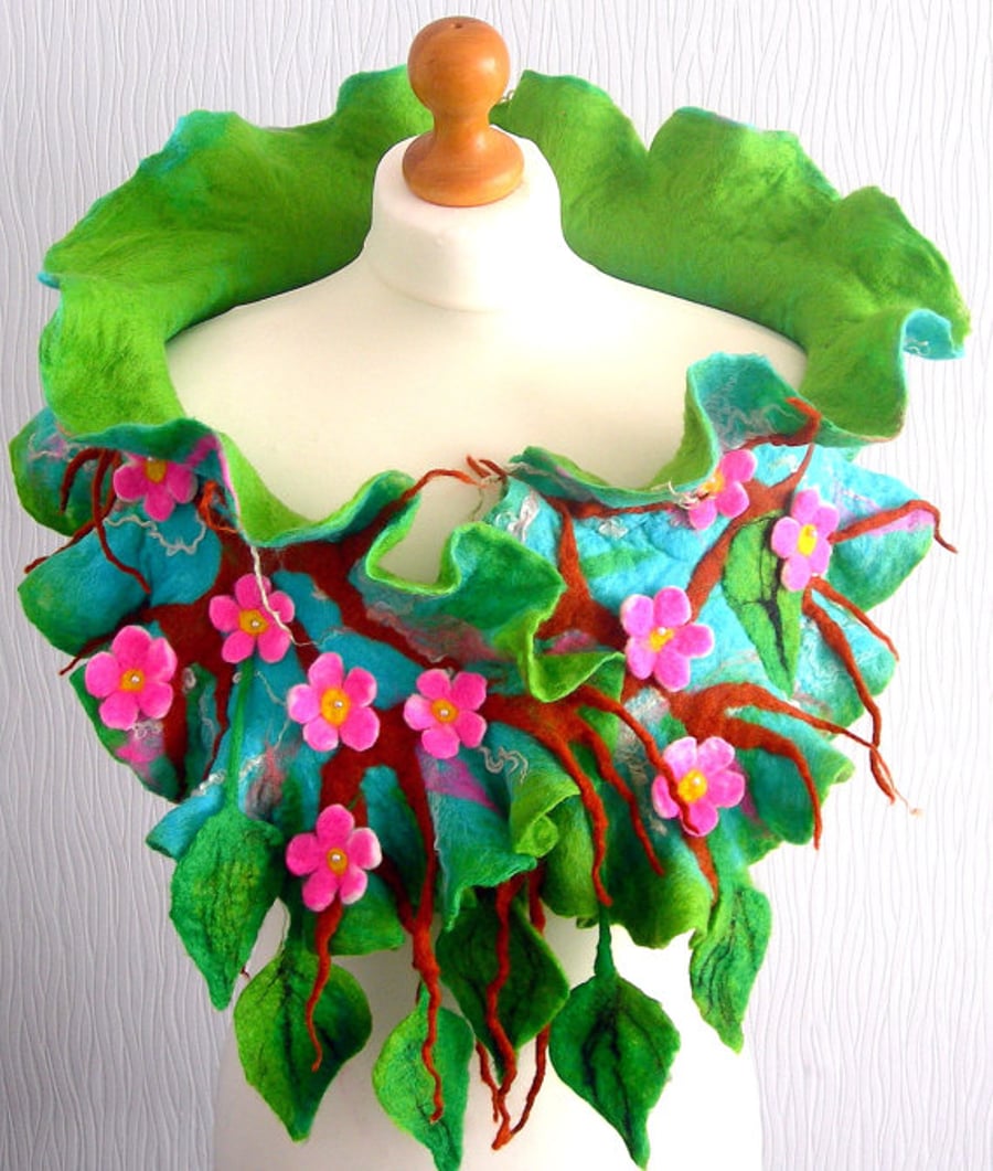Hand Felted, Wool felted soft ART SCARF -SAKURA BLOSSOM-