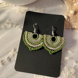 Earrings, Boho dangle beaded macrame fan earrings