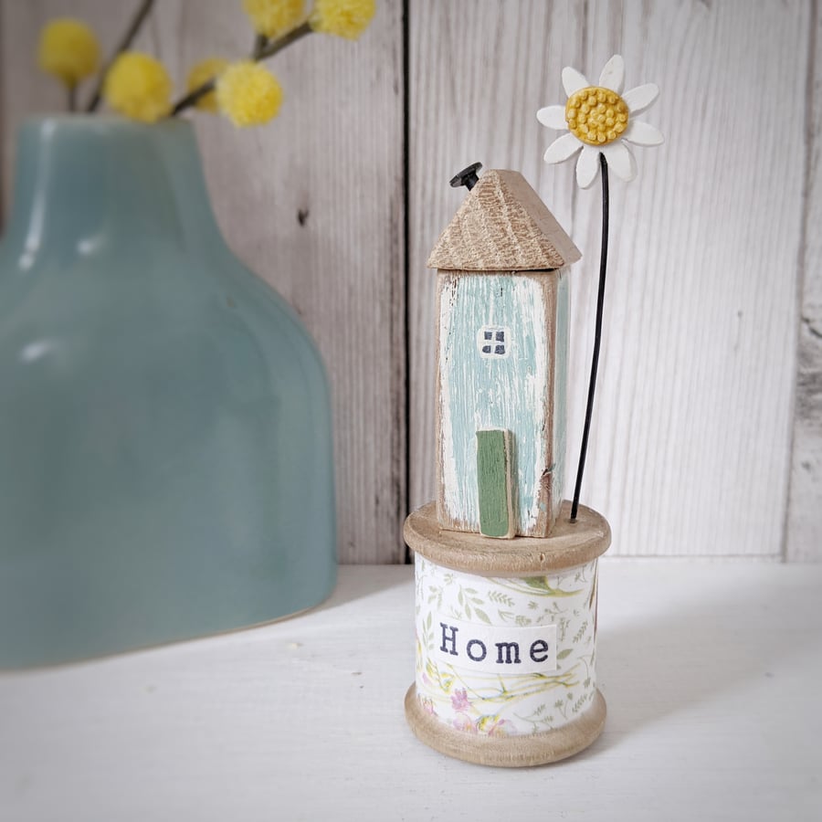 Wooden House on a Vintage Floral Bobbin with Clay Daisy 'Home'