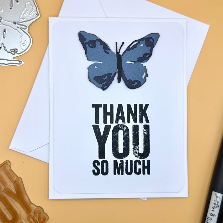 Handmade Thank You Card, Blue Butterfly “Thank You So Much” Nature Inspired, A2