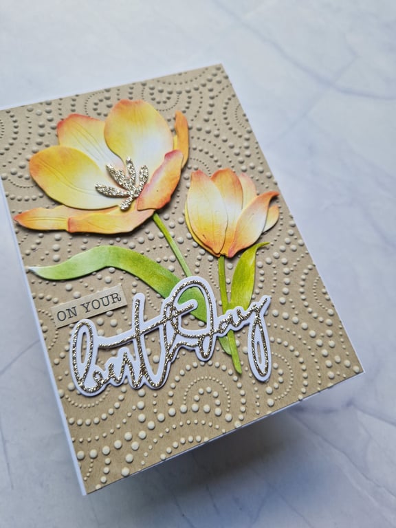 Peachy tulip and gold glitter birthday card