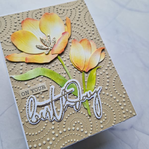 Peachy tulip and gold glitter birthday card