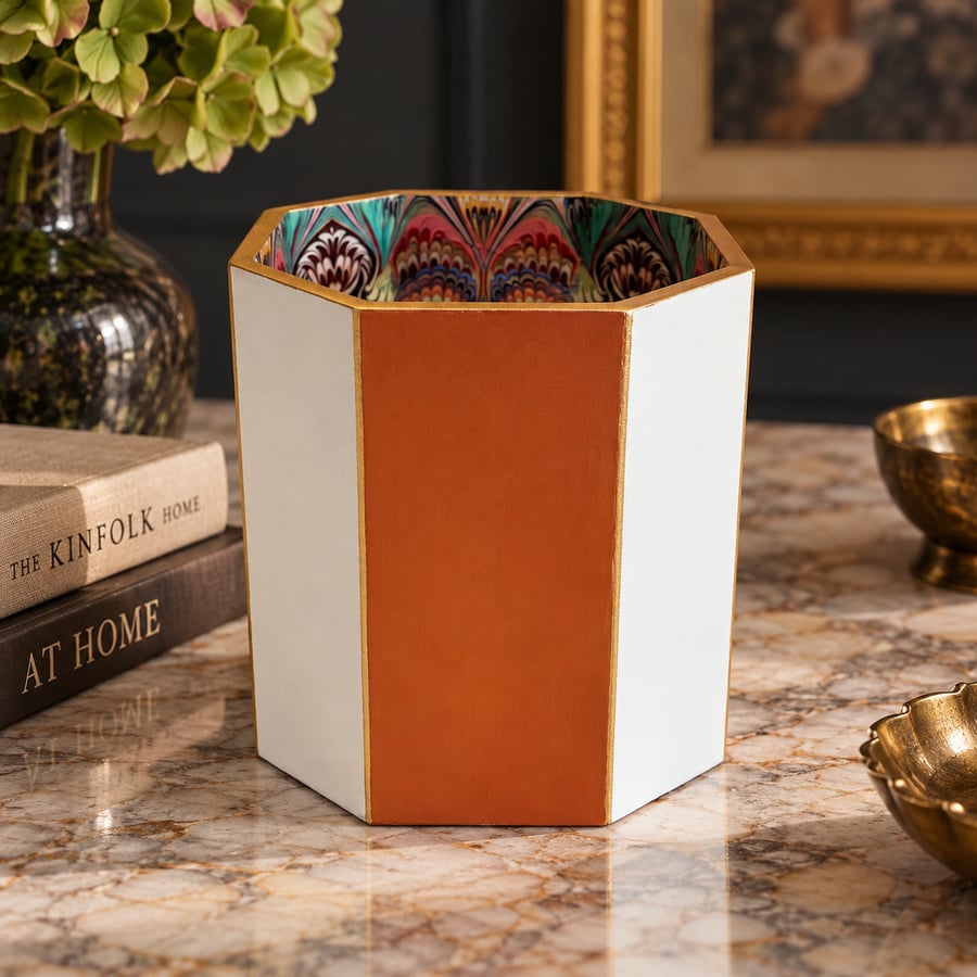 Hand Painted Decorative Storage Planter, Waste Paper Bin – Orange, Cream & Gold
