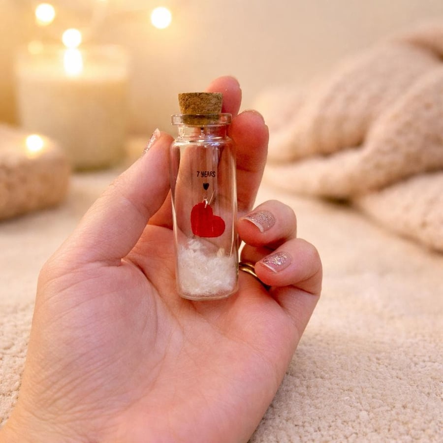 Personalised 7th Wool Anniversary Heart Message Bottle Keepsake