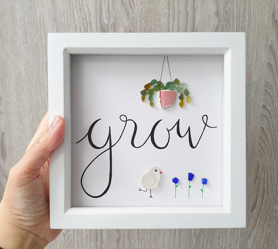 Handwritten sea glass GROW