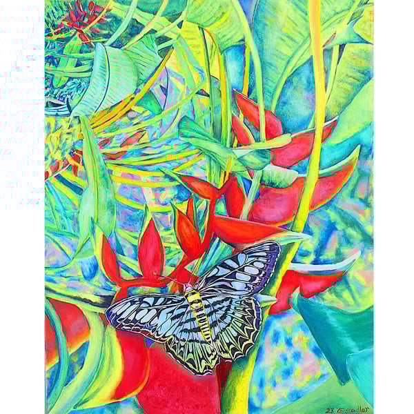 Tropical Butterfly Oil Painting  Lobster Claw Plant Rainforest & Jungle 