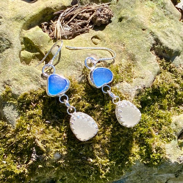 Blue & White Sea Glass Sterling Silver Double Drop Earrings - 1370