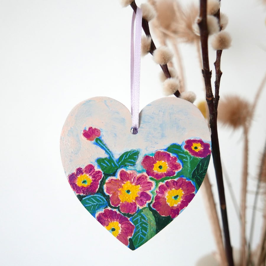 Primrose Flower Decoration, Hanging Heart, Easter Spring Decor, Pink Flowers