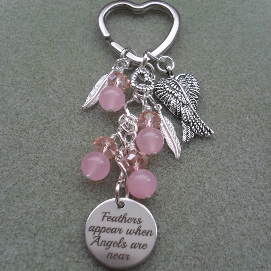 Angel Feathers Keyring With Pink Quartz Beads and Crystals