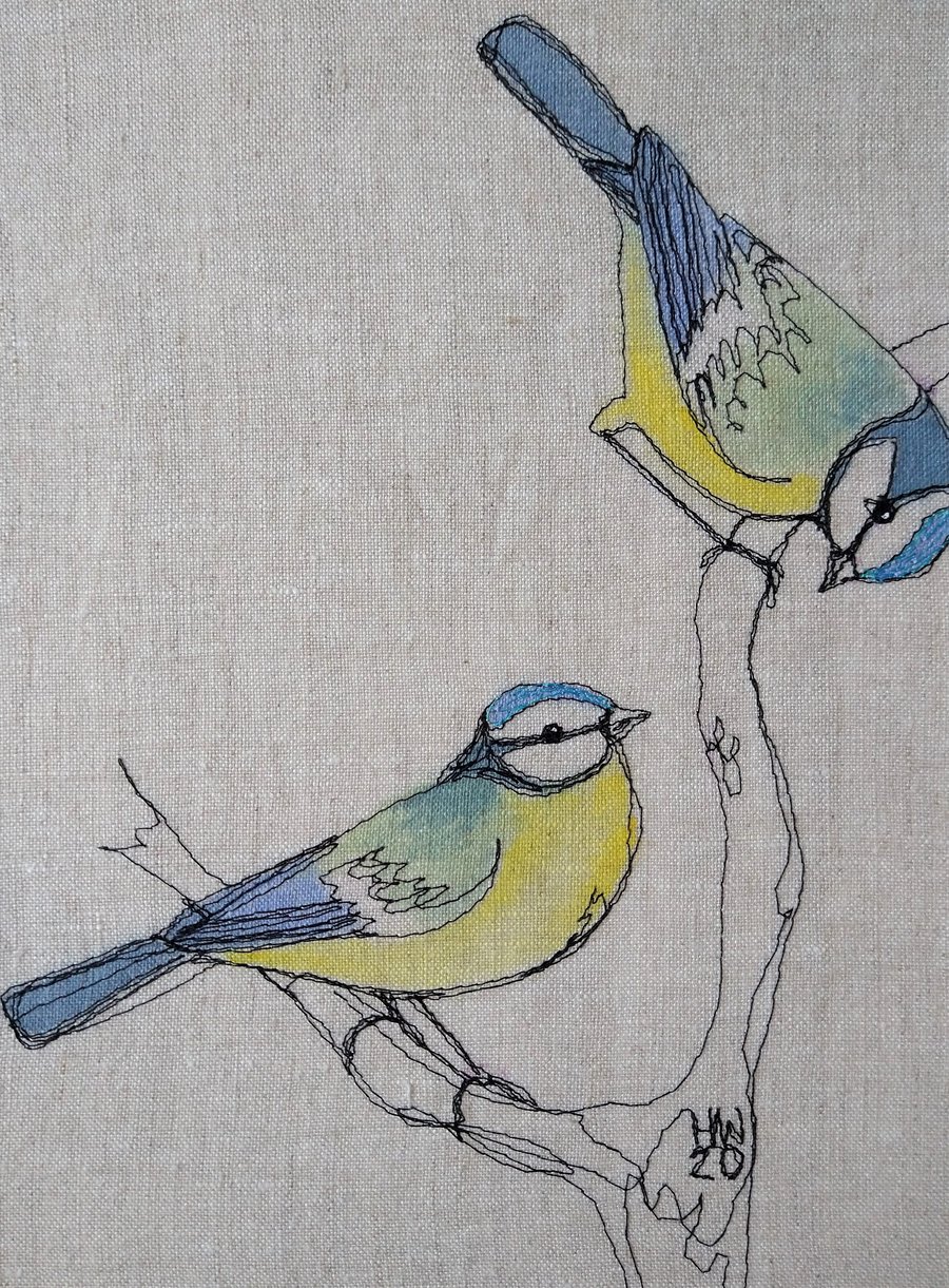 Blue Tits Embroidered Portrait
