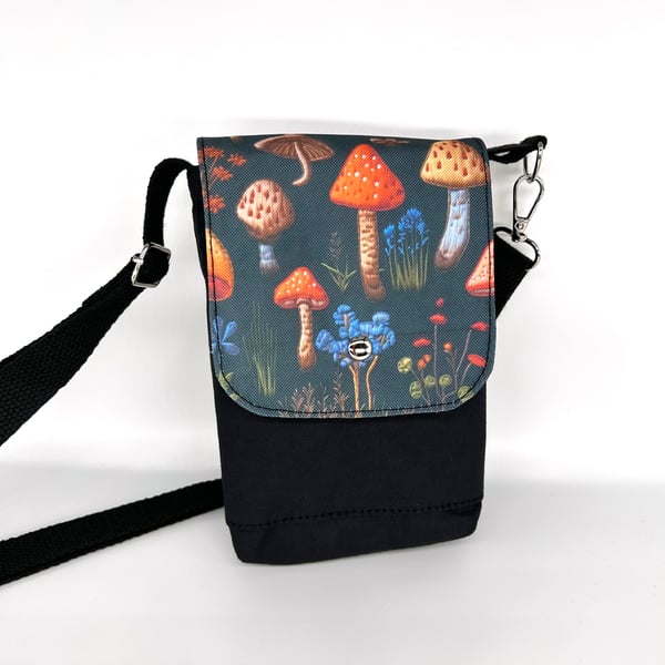 Mushroom print crossbody bag with adjustable strap, two pockets fully lined