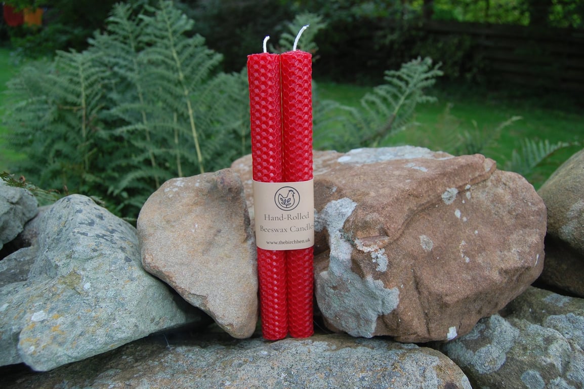 Pair of Hand Rolled Red Beeswax Tapers (23cm)