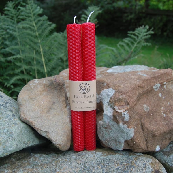 Pair of Hand Rolled Red Beeswax Tapers (23cm)
