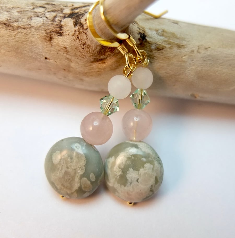 Peace Jade, Rose Quartz, White Jade And Swarovski Earrings - Handmade In Devon.
