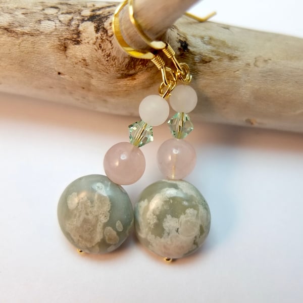 Peace Jade, Rose Quartz, White Jade And Swarovski Earrings - Handmade In Devon.