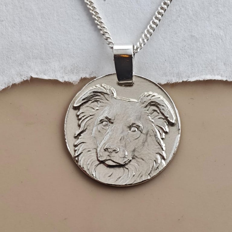 Border Collie Coin Pendant Necklace Recycled Sterling Silver