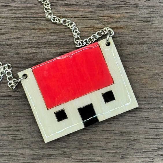 Bothy Red Roof Pendant Wooden Necklace - silver chain