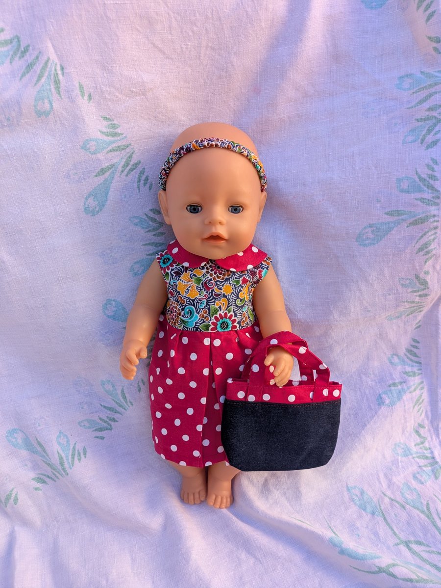 Red polka dot dolls outfit, dress, bag and scrunchie for Our Generation BabyBorn