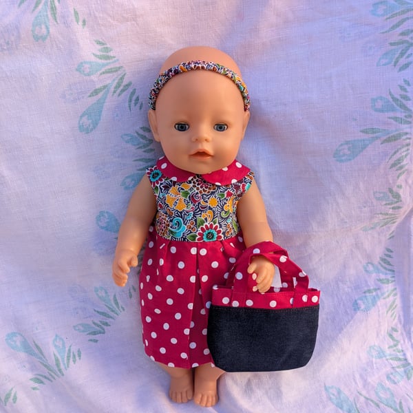 Red polka dot dolls outfit, dress, bag and scrunchie for Our Generation BabyBorn