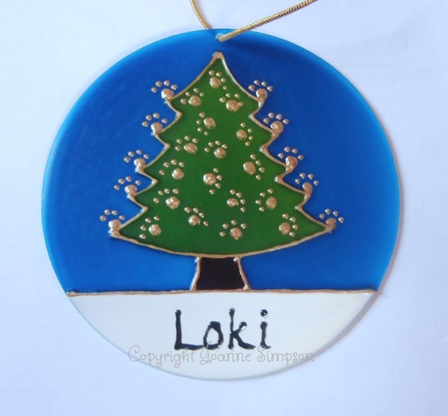 Pet Christmas Tree Decoration Suncatcher. Dog or cat gift, glass tree ornament.