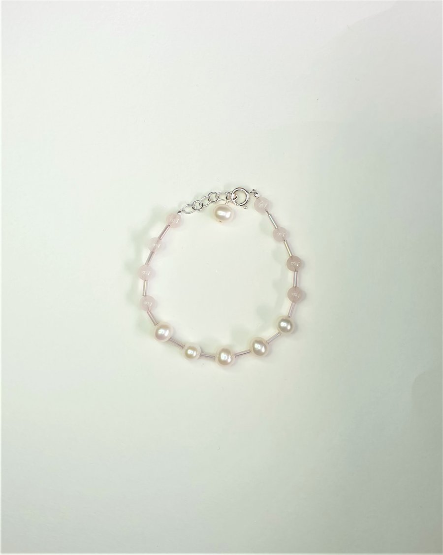 Lovely Rose Quartz, Freshwater Pearl and Sterling Silver Adjustable Bracelet