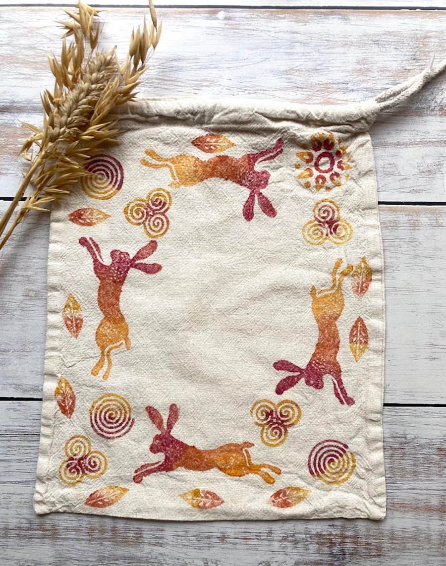 Small Block Printed Drawstring Bag Solstice Hare
