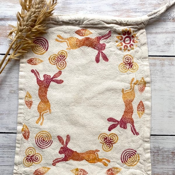 Small Block Printed Drawstring Bag Solstice Hare