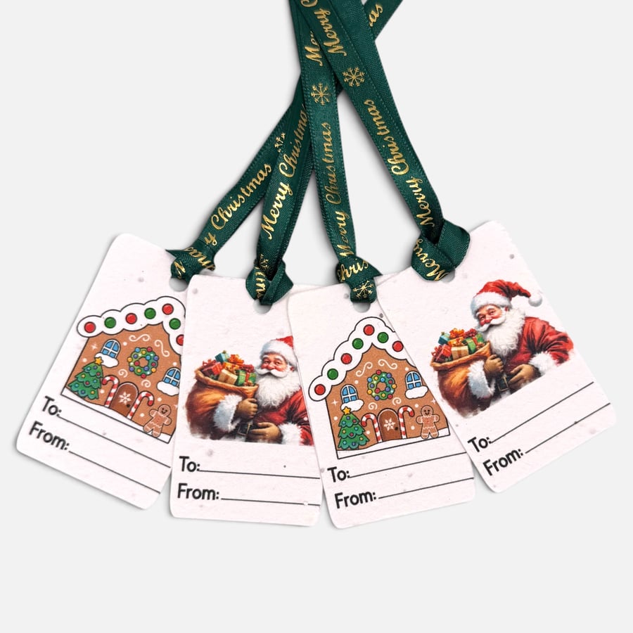 Plantable Christmas Gift Tags Set of 4, Santa & Gingerbread Seed Paper