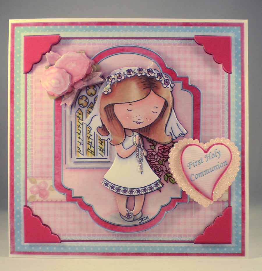 Handmade Decoupage, 3D, Holy Communion Card, Girl, Personalise,Rosary Beads