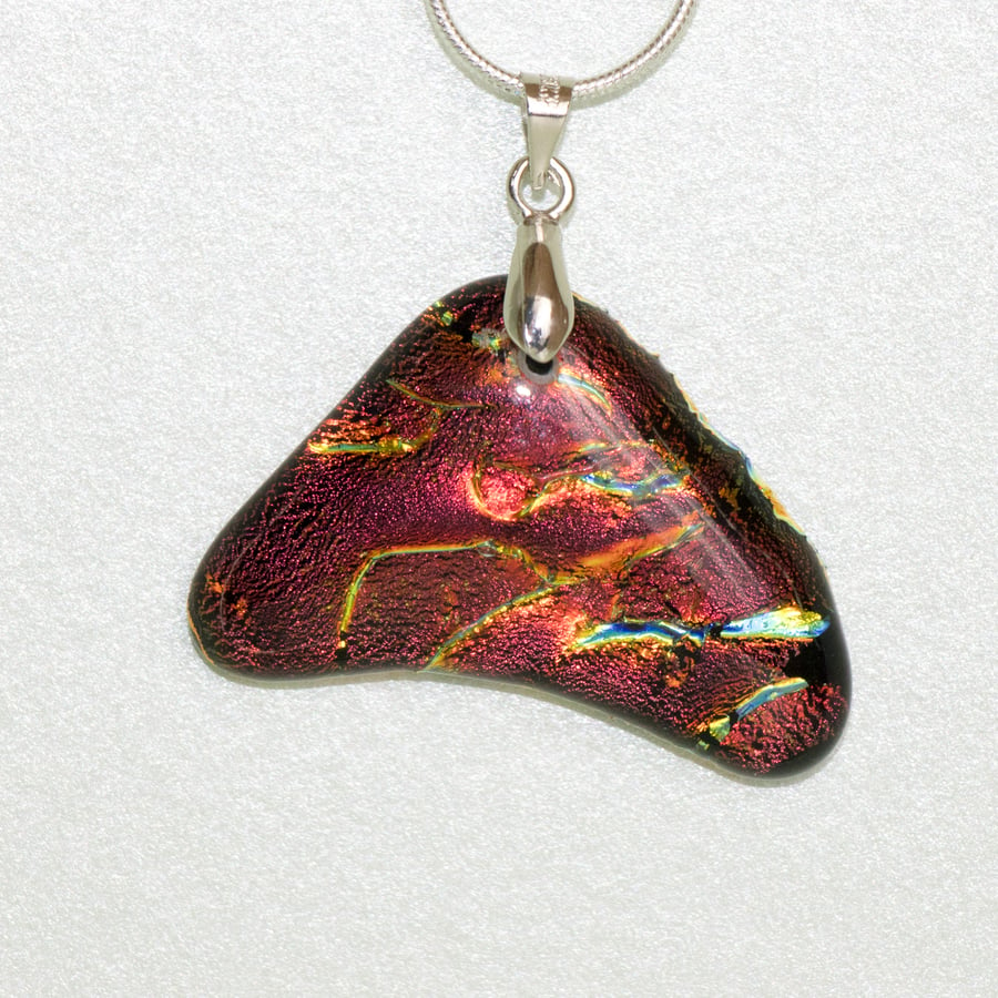 Unusual Shaped Red and Gold Dichroic Glass Pendant Necklace - 1126