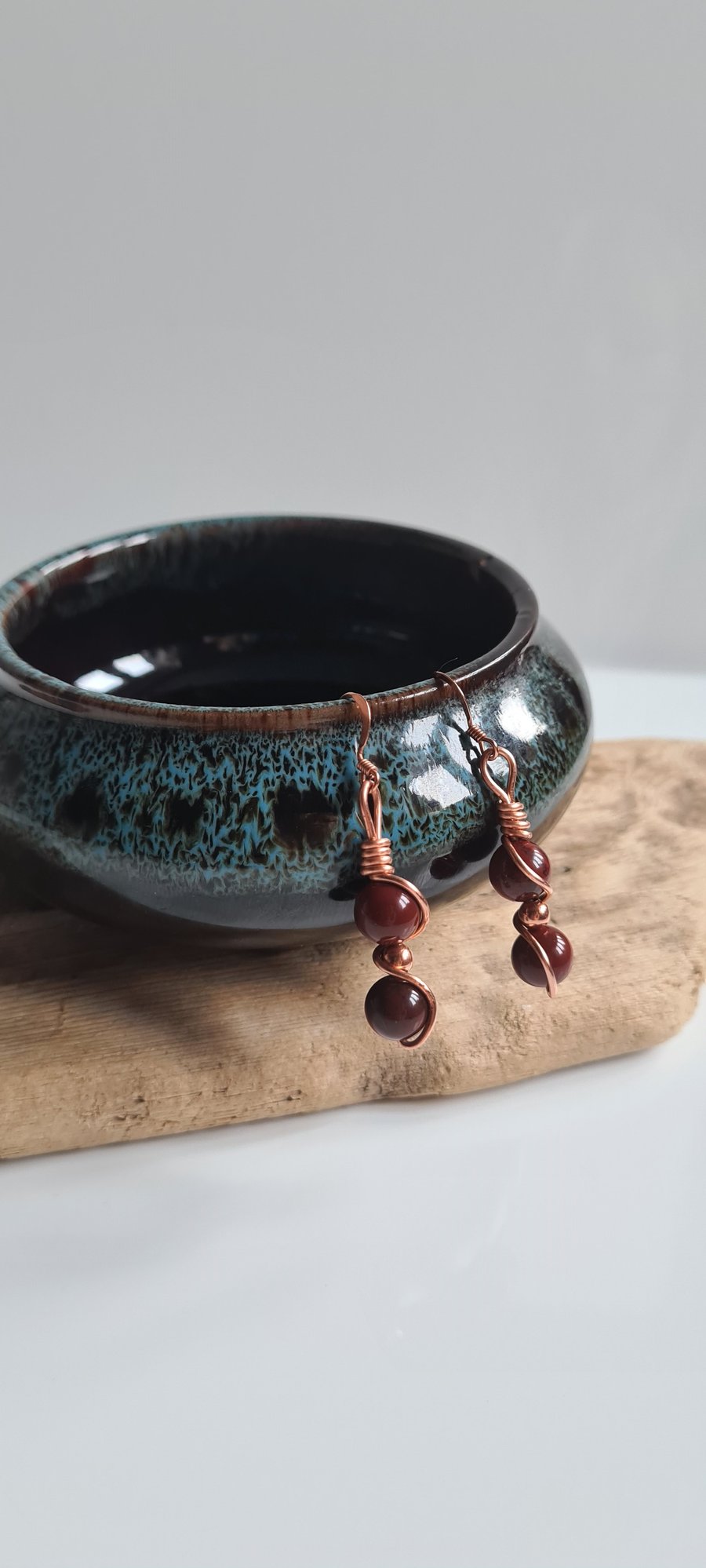 Handmade Natural Red Snakeskin Jasper & Copper Drop Dangle Earrings Gift Boxed 