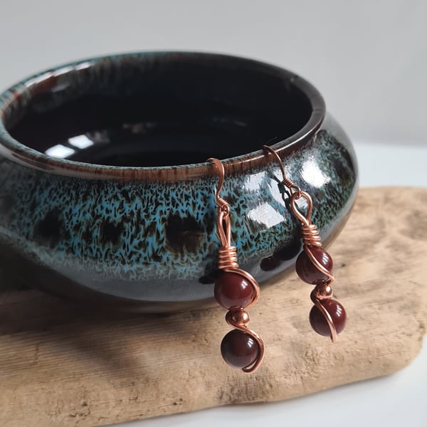 Handmade Natural Red Snakeskin Jasper & Copper Drop Dangle Earrings Gift Boxed 
