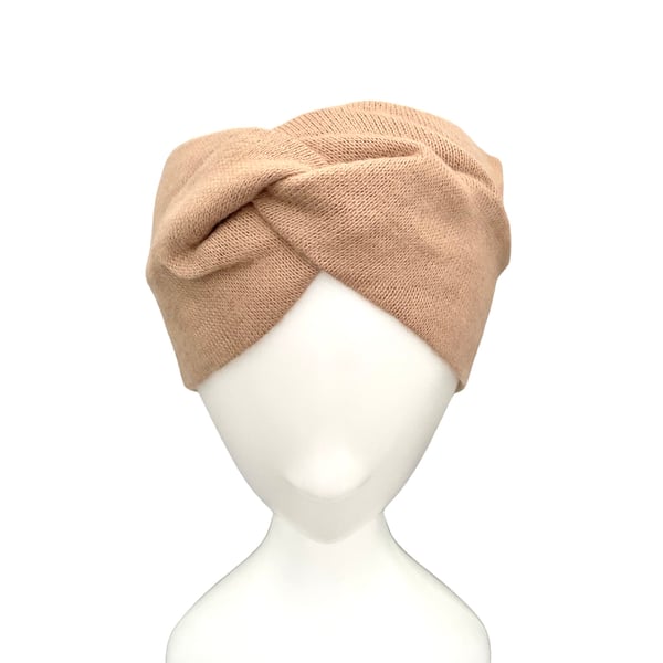 Beige wide soft brushed wool turban twist knot headband