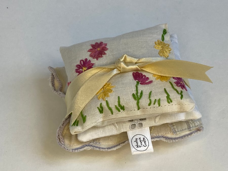Lavender bags made from vintage linens - set of three. Butterfly and daisies