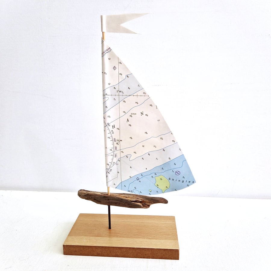 Shivering Sands, Thames Estuary driftwood sailboat, repurposed nautical map sail