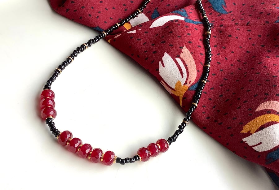 Gold and garnet necklace, stunning combination of deep red, black & gold