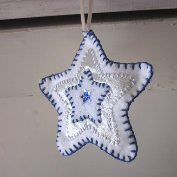 White, Silver, Blue Sequinned Christmas Tree Decoration Star