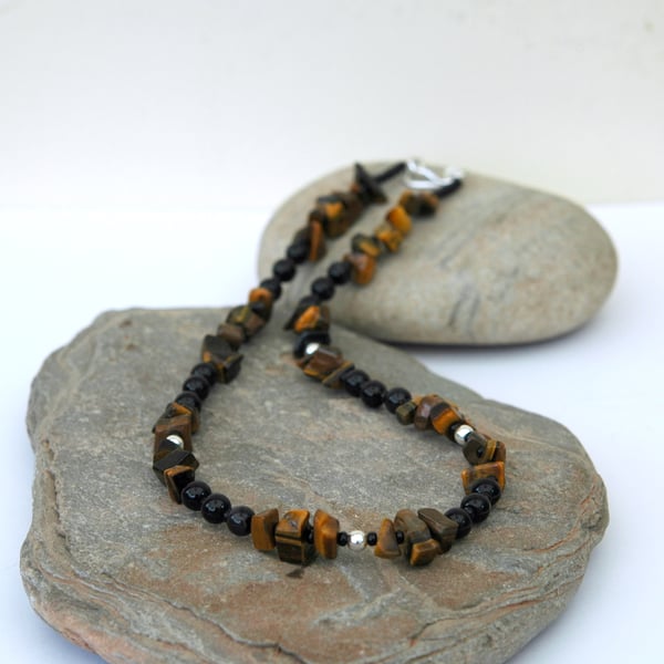 Gemstone and Sterling Silver Necklace with Tiger's Eye and Black Agate