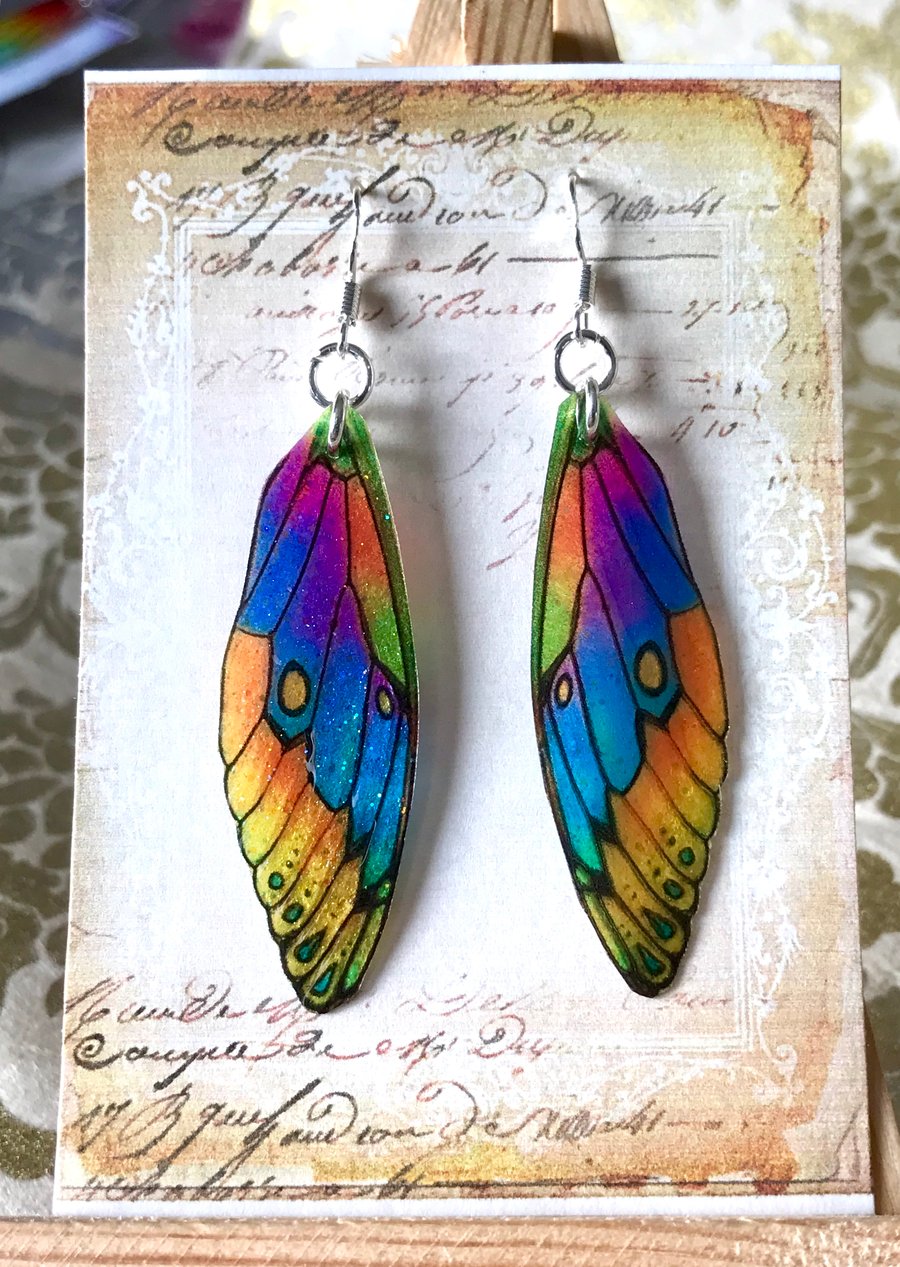 Blue and Yellow Fairy Wing Sterling Silver Earrings