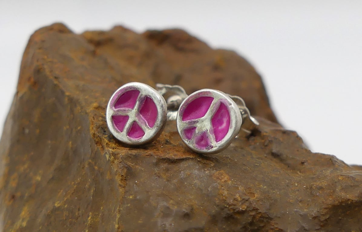 Recycled Sterling Silver Peace Sign Stud Earrings with Pink Patina.