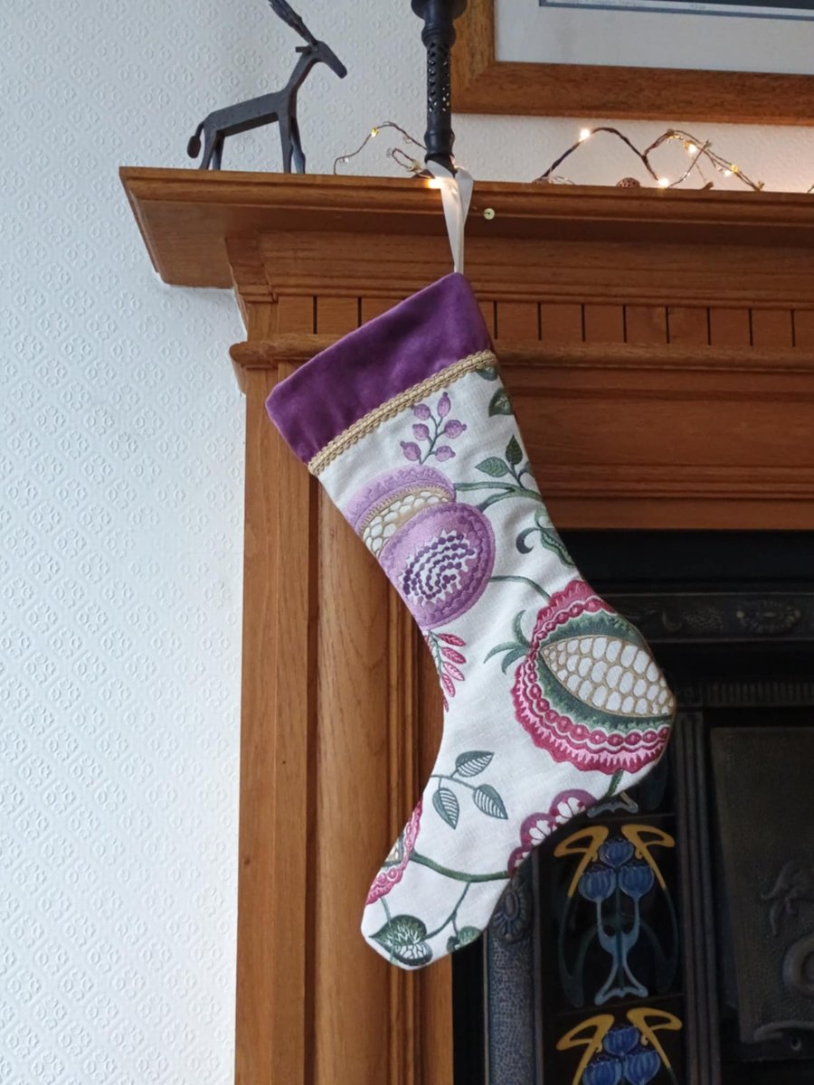 Luxury Christmas Stocking - Purple Green Gold Crewel upcycled vintage zero waste