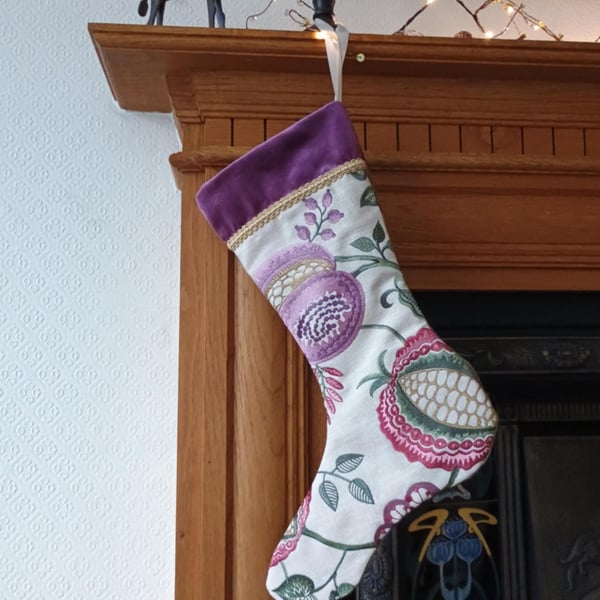 Luxury Christmas Stocking - Purple Green Gold Crewel upcycled vintage zero waste