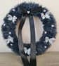 Handmade Dark Grey Faux Fur Wreath,Butterflies,Crystal Hearts,Black Satin Bow - Image 3