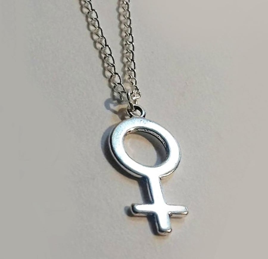 New Age Venus Woman Symbol Feminist Necklace Silver Plate 