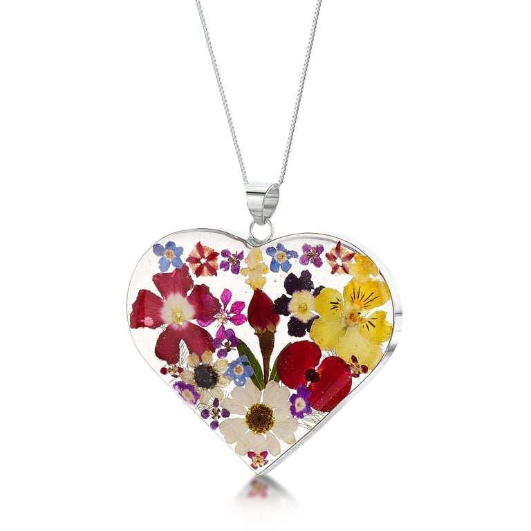 Sterling Silver Heart Necklace with Real Flowers